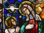 Stained glass in St Ann's Church, Dawson Street, Dublin featuring St Mark (above) and St Ann (below) and the coat of arms of Dublin city. The church was recently re-opened following refurbishment.